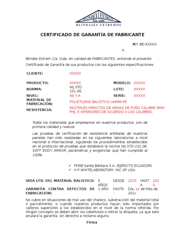 Certificado De Garantia De Fabricante Pdf