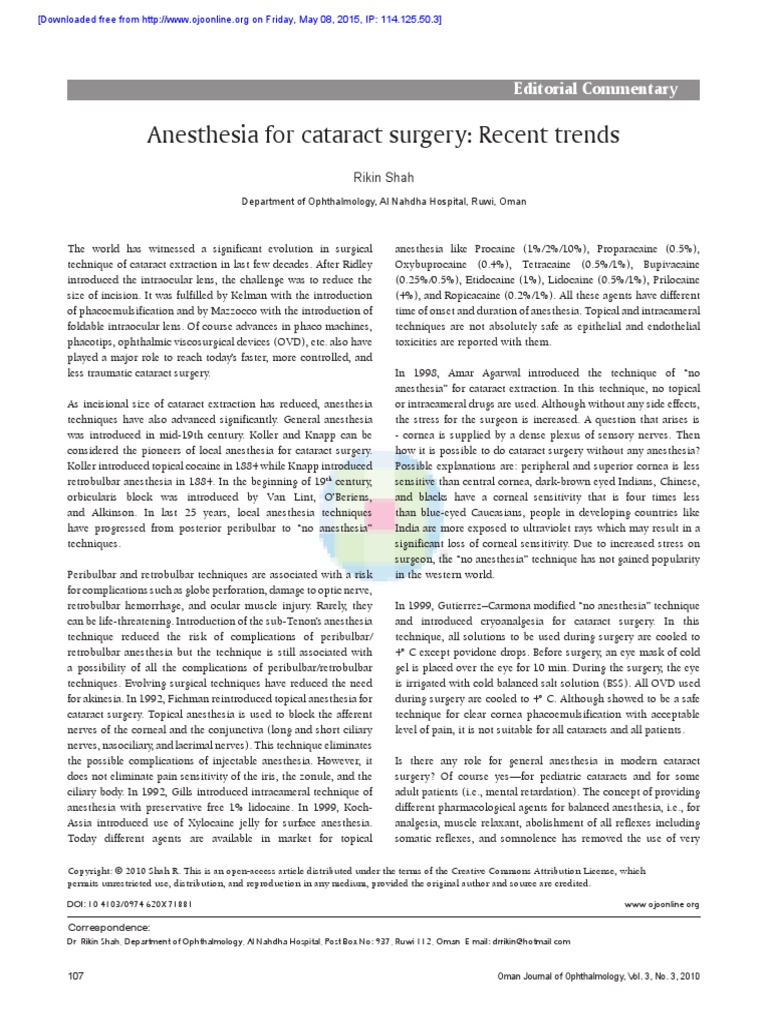 Anesthesia For Cataract Surgery: Recent Trends: Editorial Commentary 
