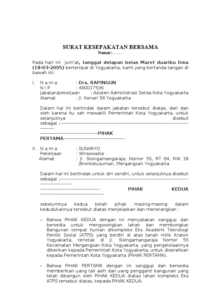 Surat Kesepakatan Bersama Pdf