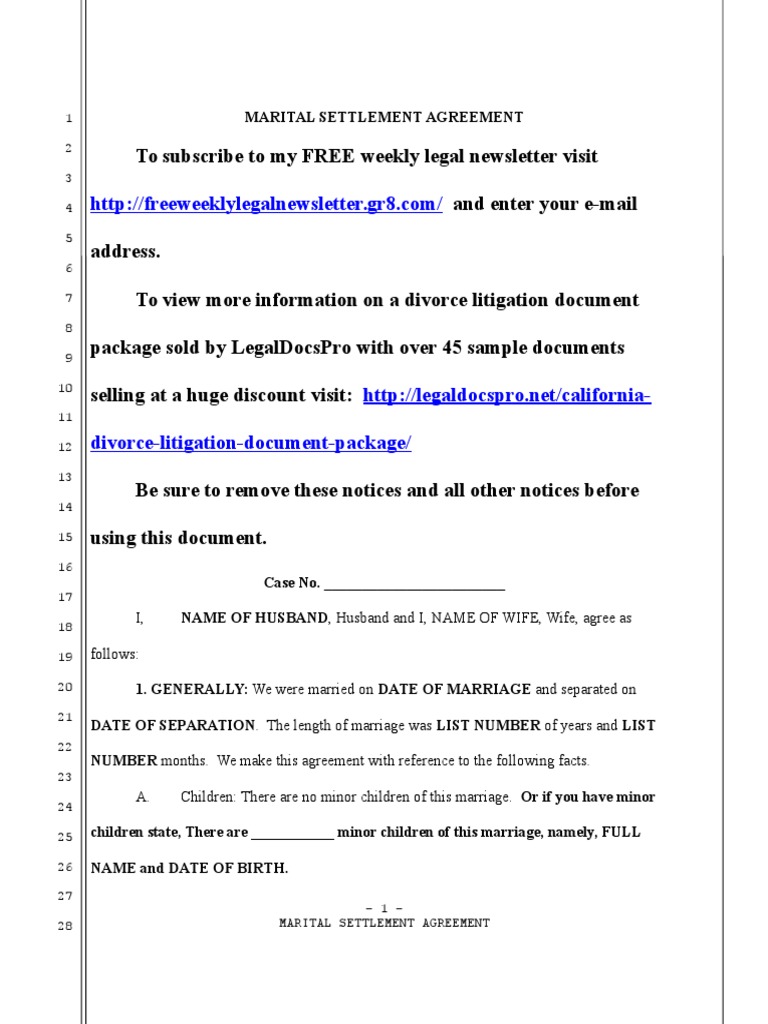 Sample Marital Settlement Agreement For California  PDF  Contact Pertaining To informal separation agreement template