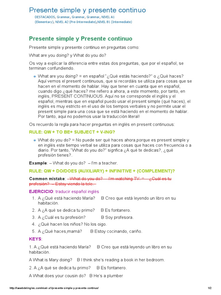 A1 Presente Simple y Presente Continuo | PDF | Artes del lenguaje y ...