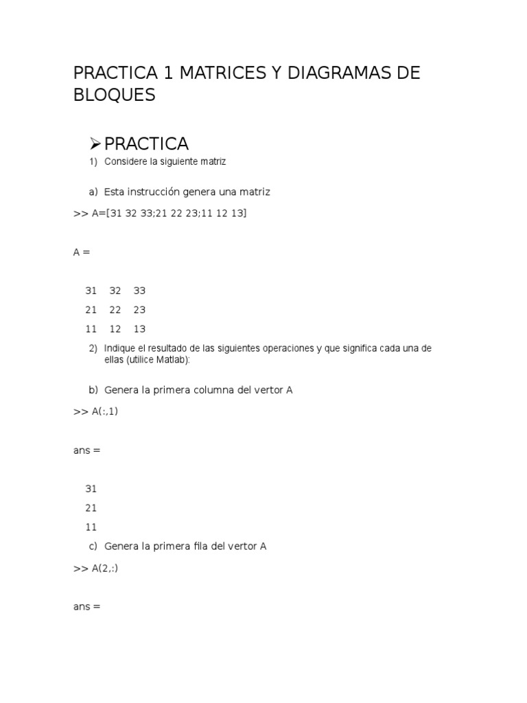 Operaciones con Matrices en MATLAB | PDF | Matriz (Matemáticas ...