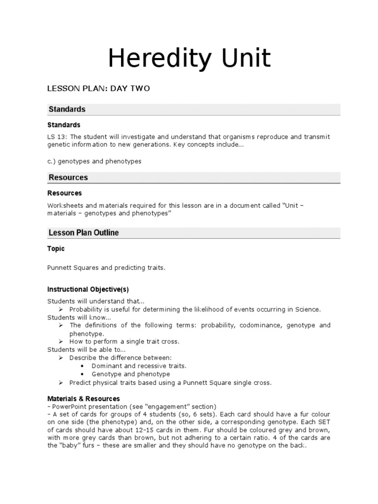 Unit - Lesson Plan - Genotypes and Phenotypes | Phenotypic Trait