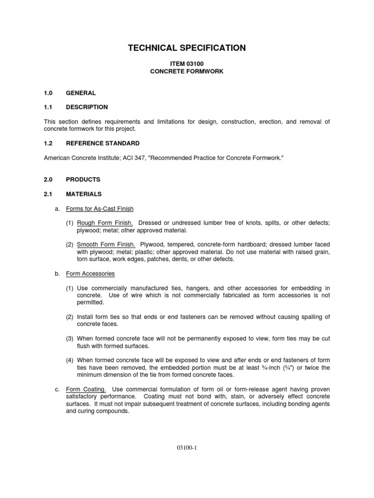 Concrete Formwork Technical Specification | PDF | Science & Mathematics ...