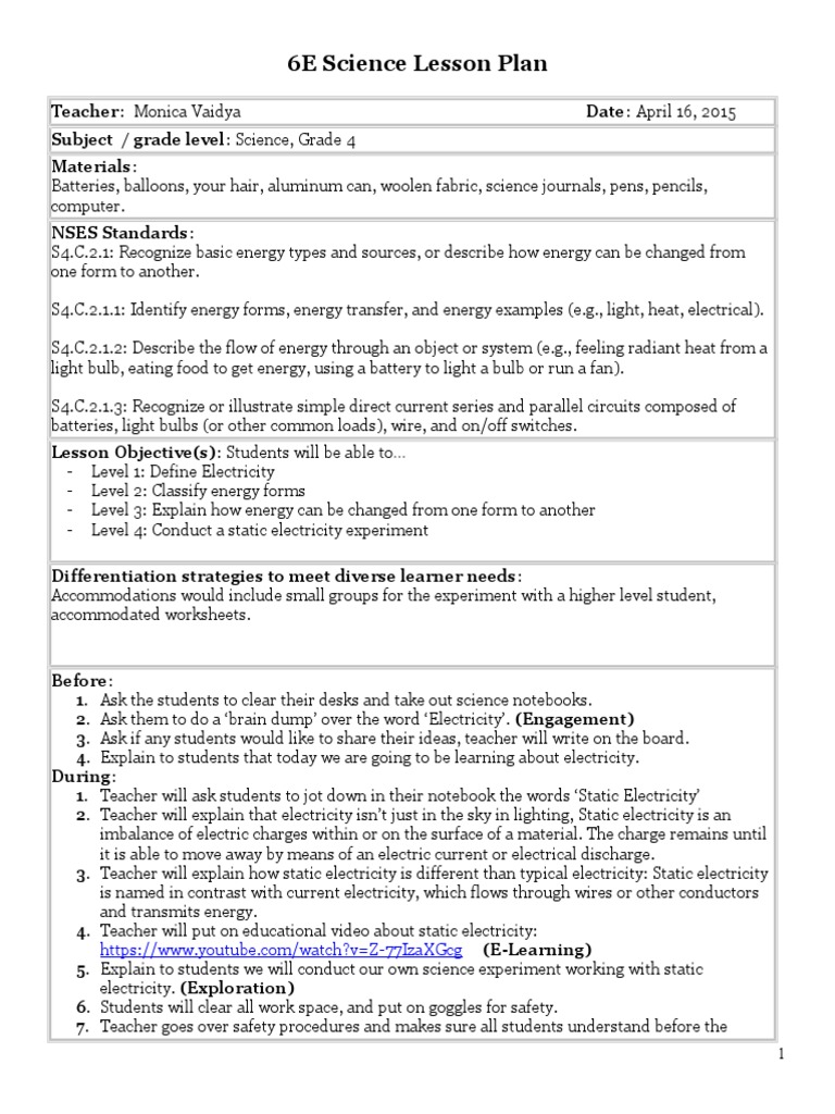 Electricity Lesson High School Electricity