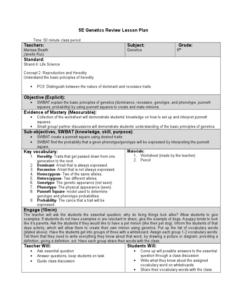 5e Lesson Plan Genetics Review | PDF | Dominance (Genetics) | Zygosity
