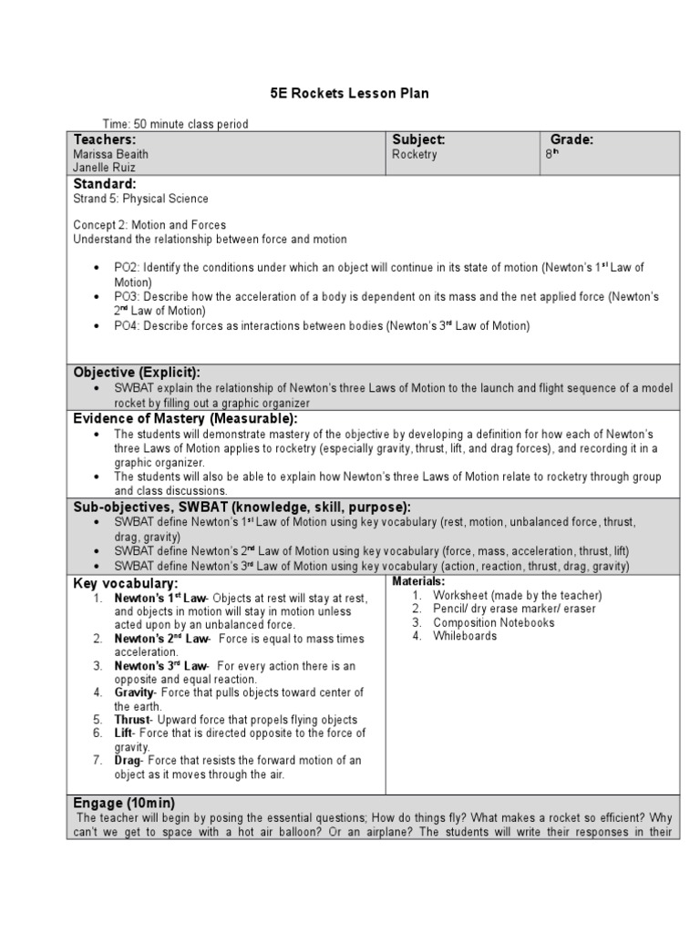 5e lesson plan rockets Newton's Laws Of Motion Rocket