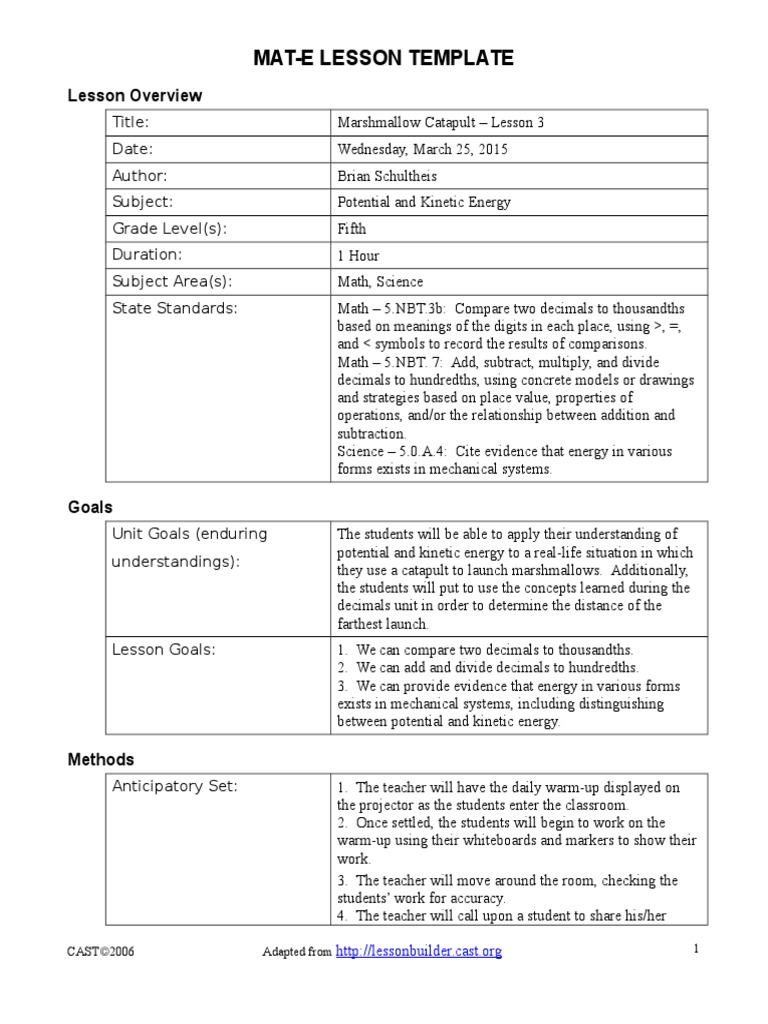 Marshmallow Catapult Lesson Plan For March 25 With Reflection PDF Experiment Educational
