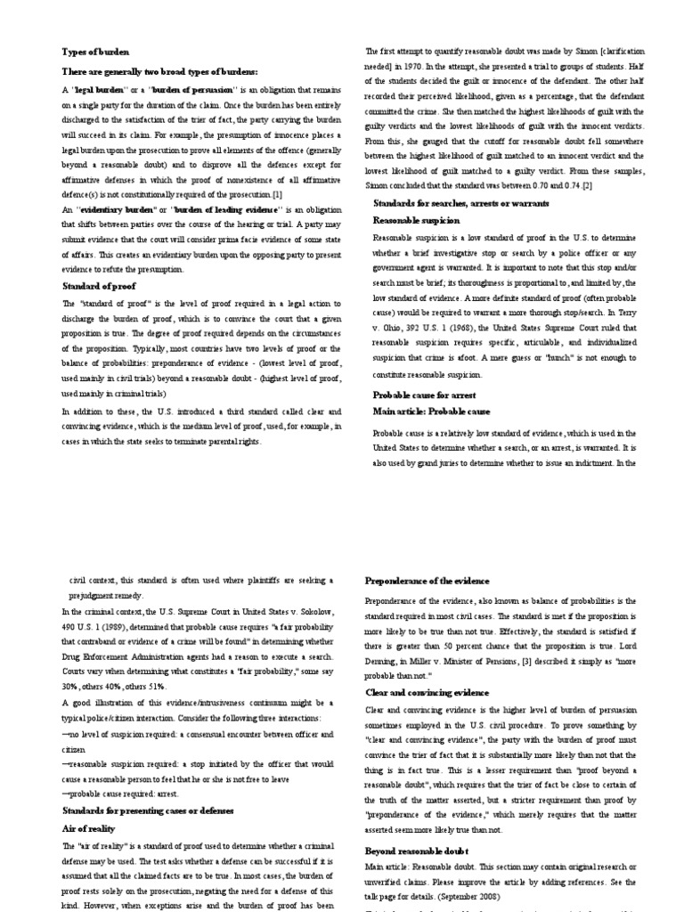 Types of Burden Burden Of Proof (Law) Presumption Of Innocence