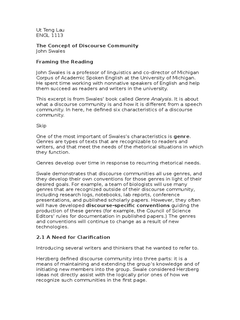 The concept of discourse community by swales p by p notes pdf