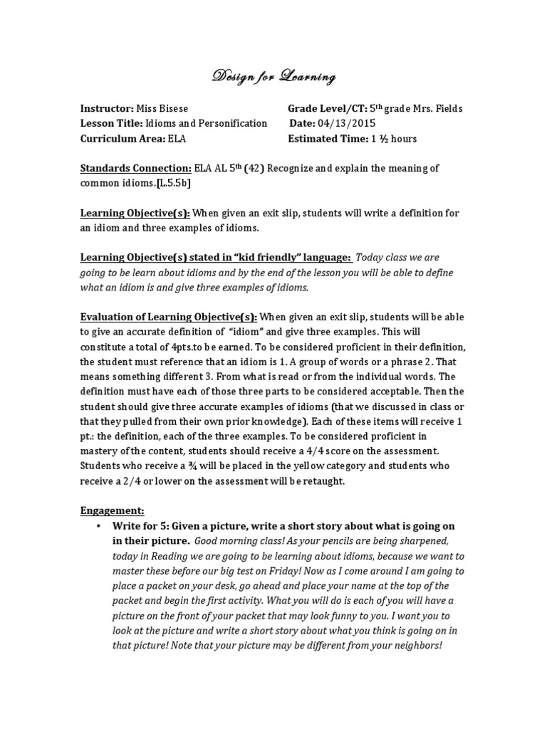 teaching idioms lesson plan 5th grade | Idiom | Educational Assessment