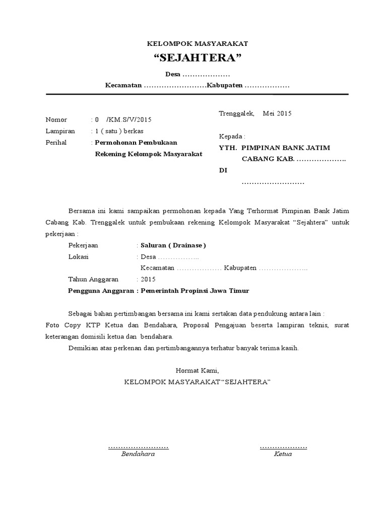 Format Permohonan Pembukaan Rekening Bank Jatim Untuk 
