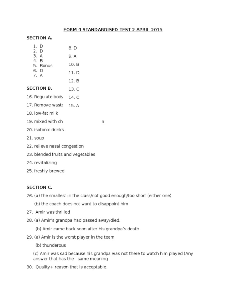 Form 4 Standardized Test Answers 2015 | PDF