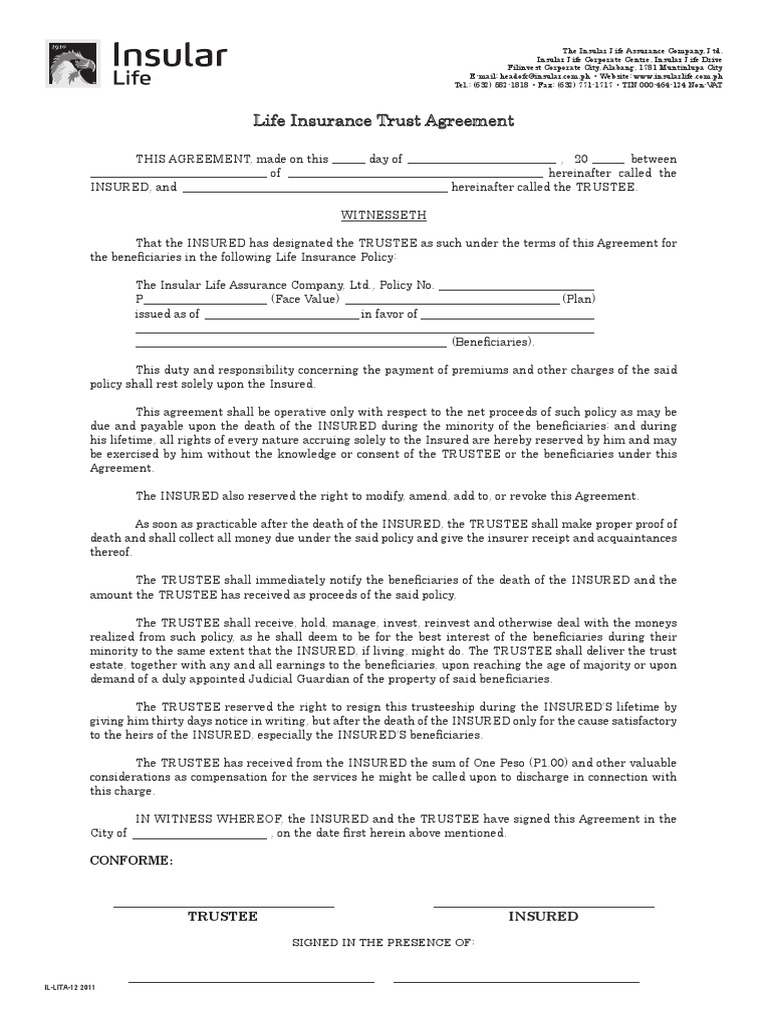 Life Insurance Trust Agreement | PDF | Life Insurance | Trust Law