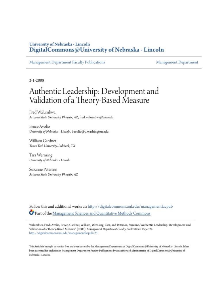Authentic Leadership Development & Validation of A Theory Based Measure ...
