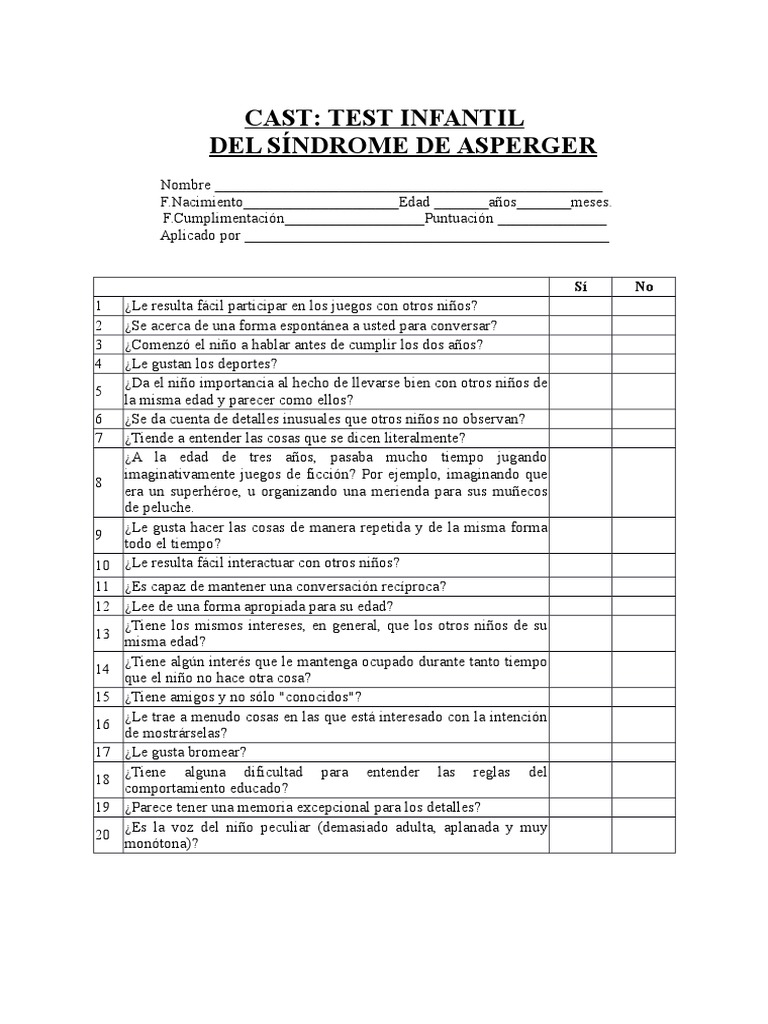 test sindrome di asperger