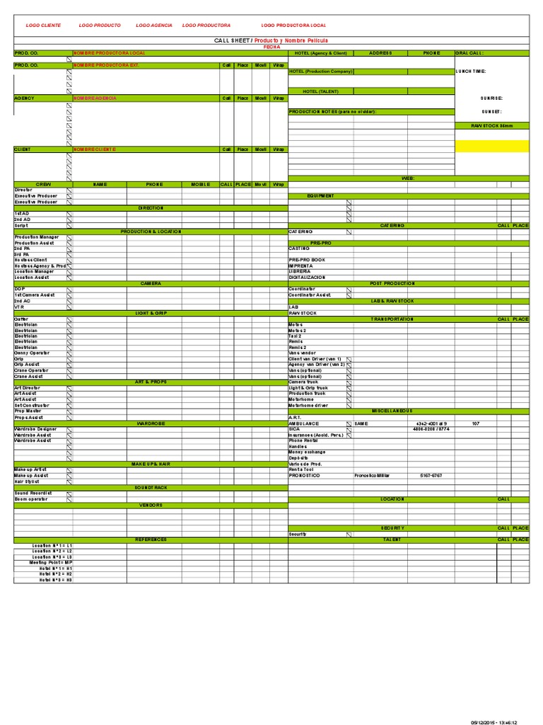 Call Sheet for Production Details | PDF | Business