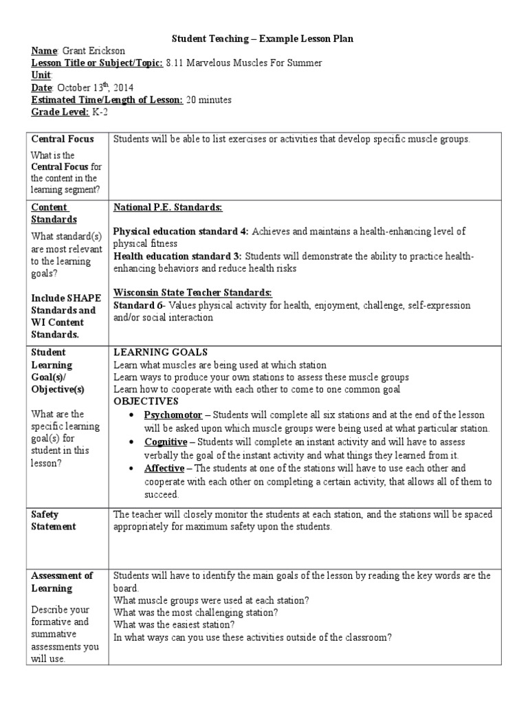 Lesson Plan 2 Ped 265 | PDF | Physical Education | Educational Assessment