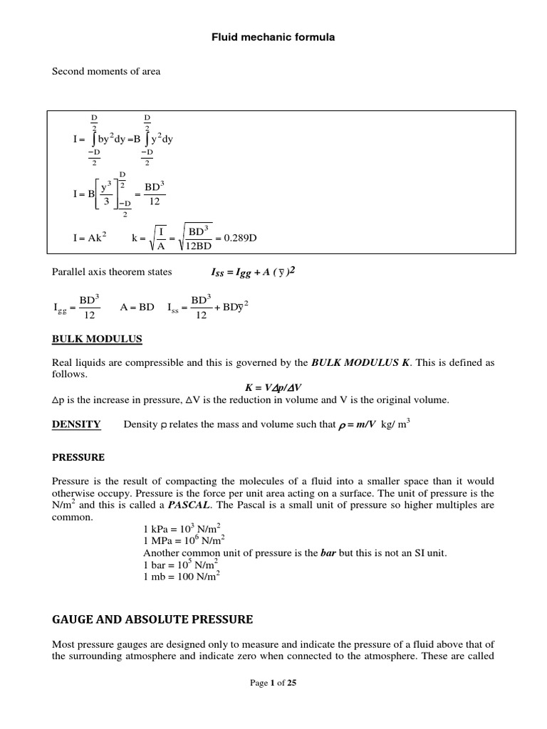 Fluid Mechanics Formulas Overview | PDF | Shear Stress | Fluid Dynamics
