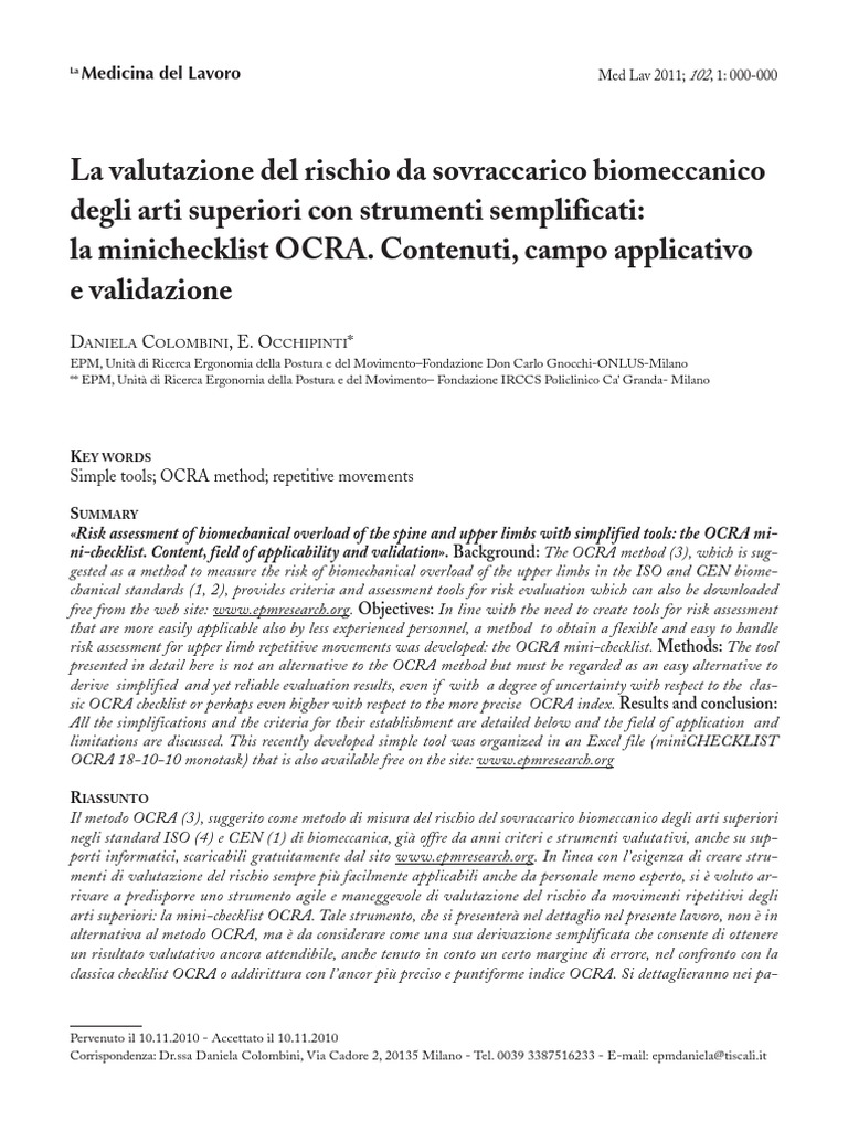 Minichecklist OCRA. Colombini | PDF | Exposure (Photography) | Risk ...