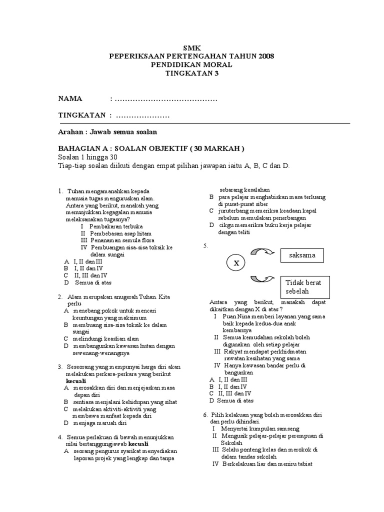 Contoh Soalan Moral Tingkatan 3