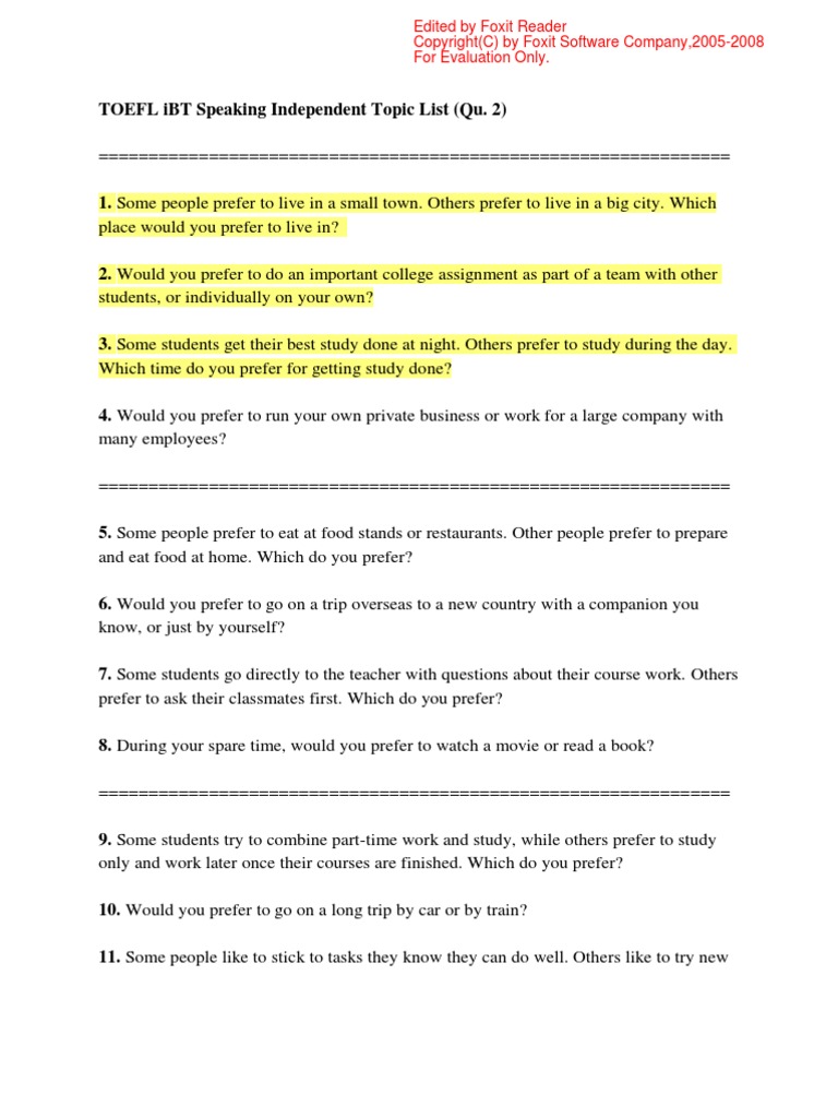 TOEFL iBT Speaking Independent Topic List[1] Hobbies Blog