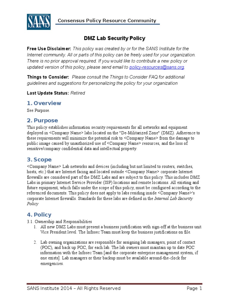 Dmz Lab Security Policy2 Information Security Firewall