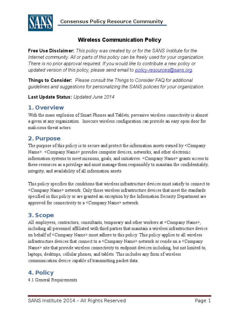 Wireless Communication Policy4 PDF Wireless Computer Network