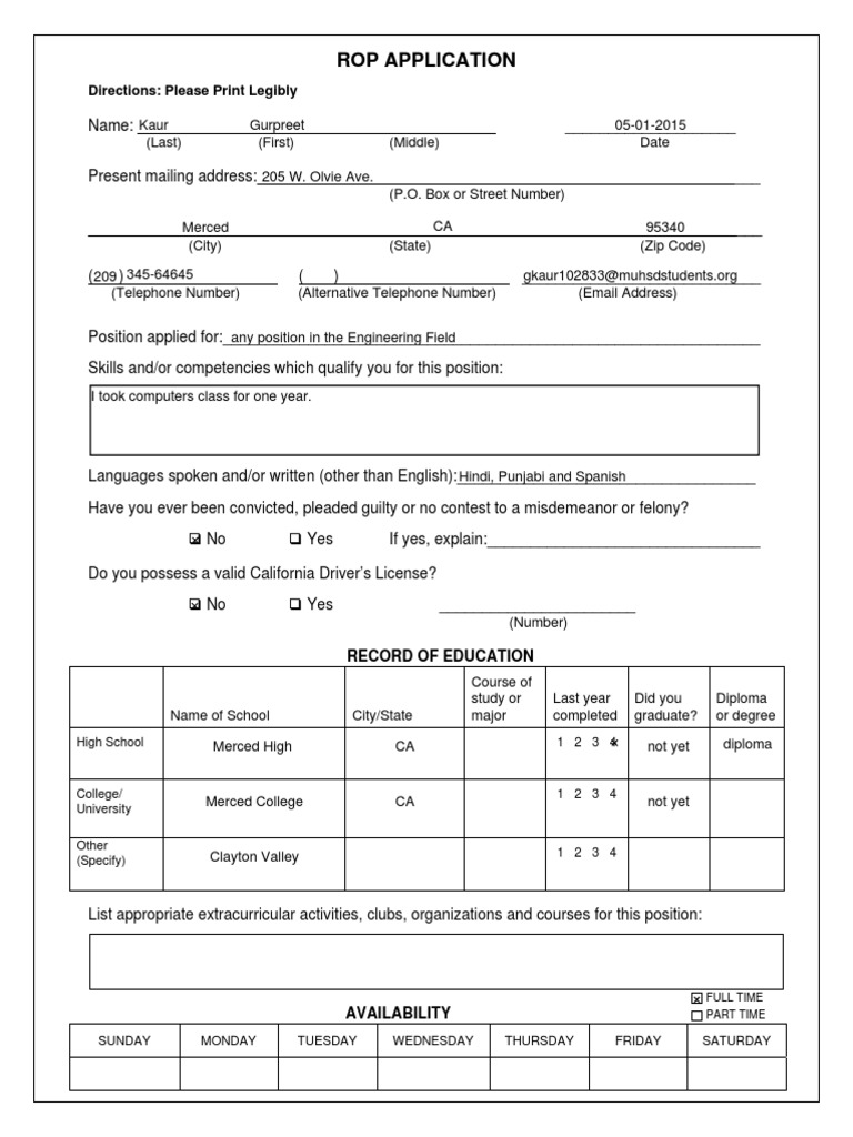 ROP Application Form for Employment | PDF