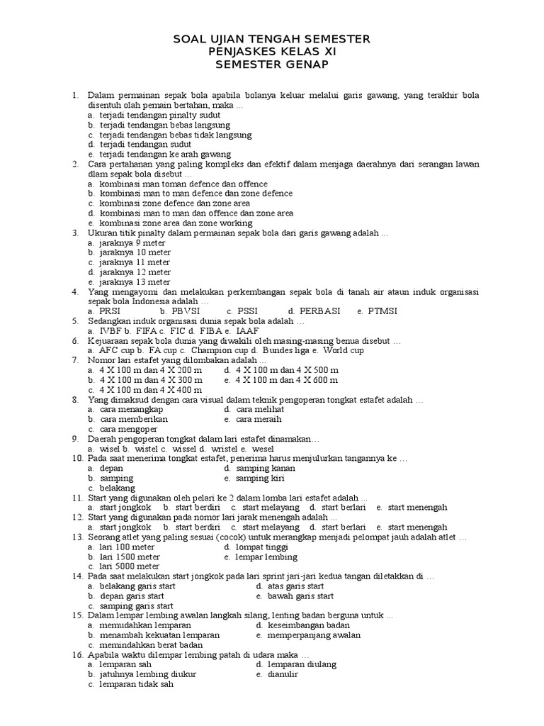 Soal Ujian Tengah Semester Penjaskes Kelas Xi Semester Genap