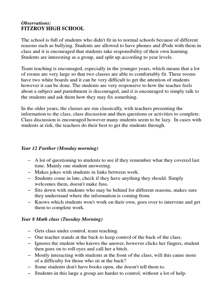 Observation notes teachers curriculum