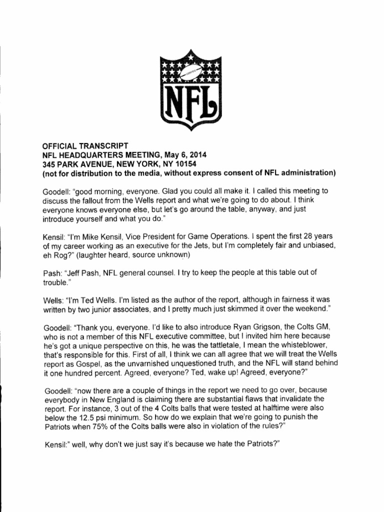 NFL Transcript DeflateGate Pre-Release | PDF | Deflategate | Sports