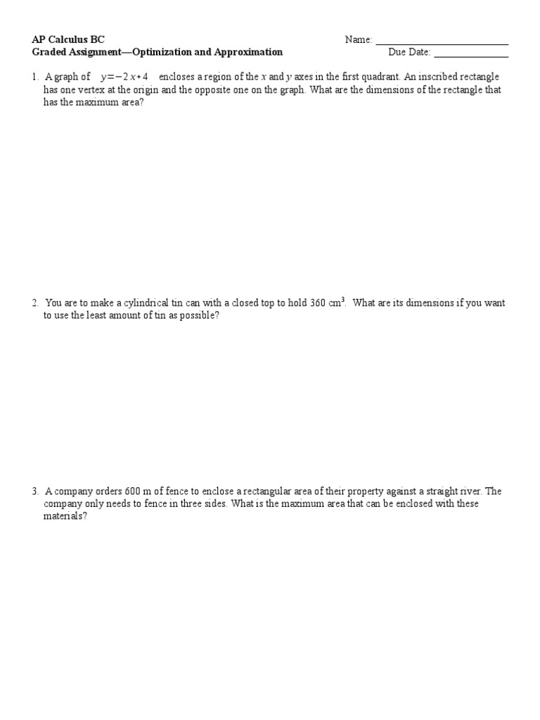 AP Calculus BC Optimization Problems | PDF