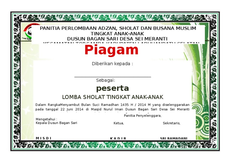 Contoh Piagam Penghargaan