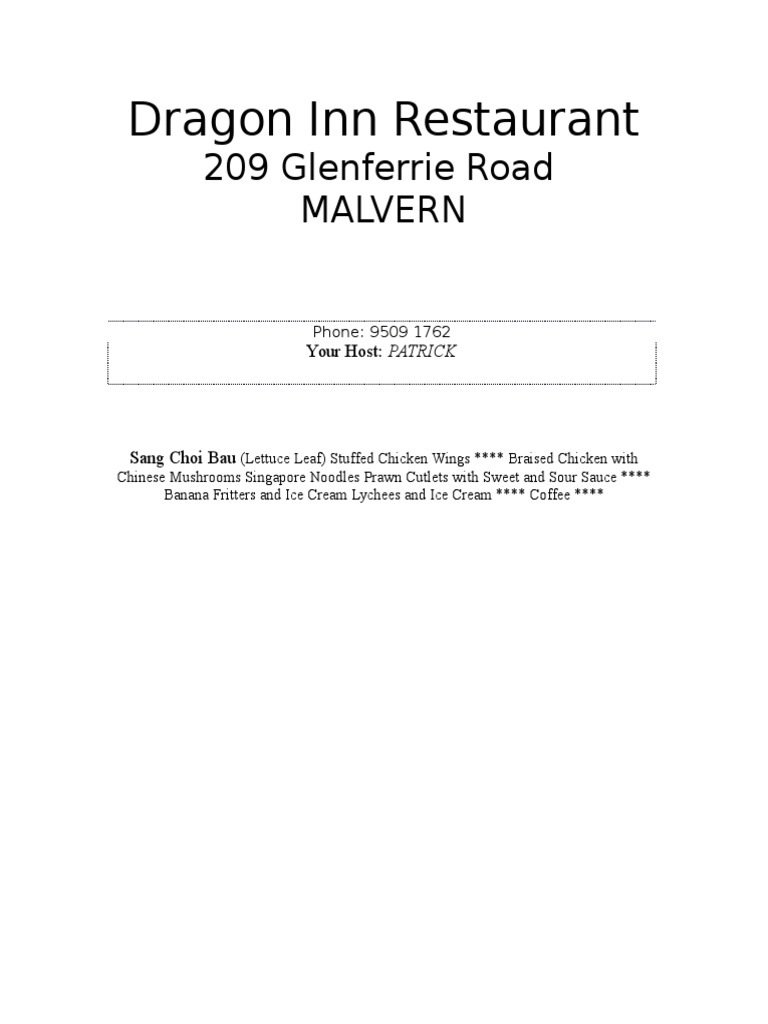 Dragon Inn Restaurant Menu Highlights | PDF | Eating Behaviors Of ...