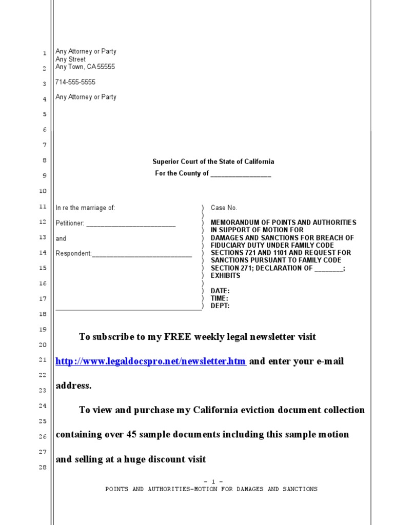 Sample Motion for Family Code Section 1101 Damages and Sanctions