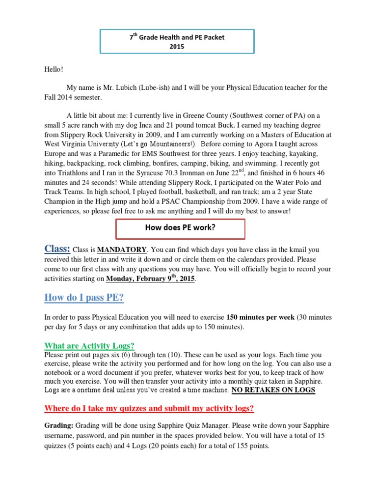 7th grade health and pe packet spring 2015 Physical