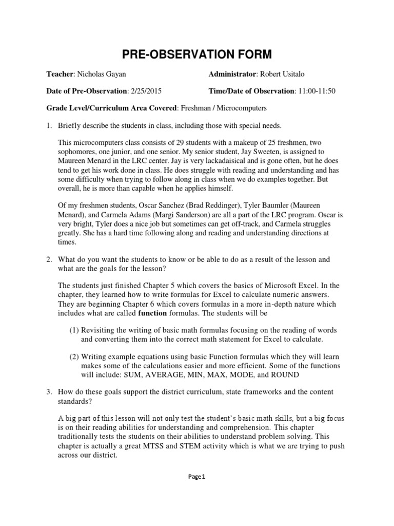 Pre observation form pdf reading comprehension communication