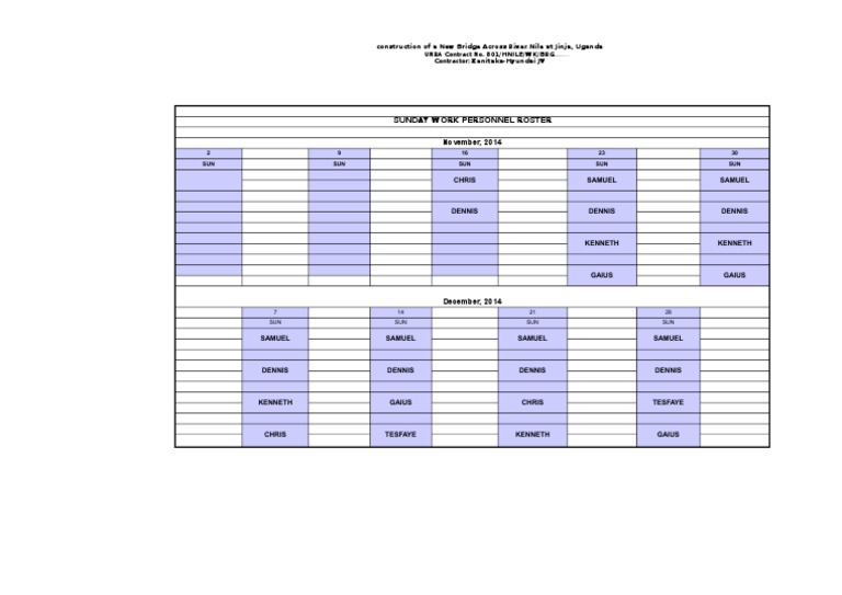 Sunday Work Roster for Nile Bridge Project | PDF
