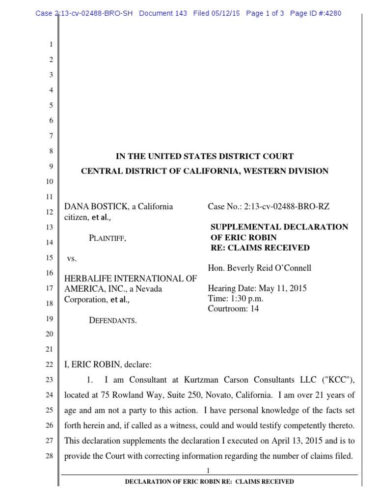 Bostick Supplemental KCC Declaration 11MAY2015 Settlement (Litigation
