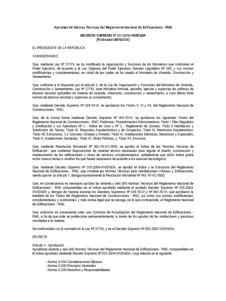 5. D.S. Nº 011-2006-66 Normas Técnicas Del RNE | Perú | Regulación