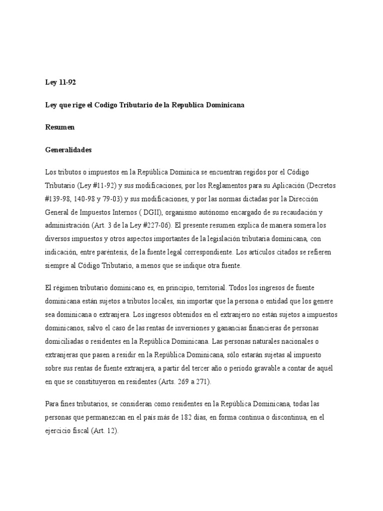 Resumen Ley 1192 Codigo Tributario Dominicano Taxes