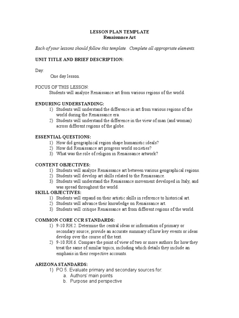 lesson plan template renaissance art renaissance lesson plan free