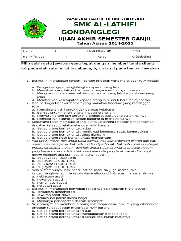 Soal Uas Ganjil Ppkn Kelas Xi