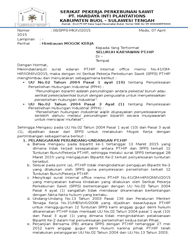 Contoh Surat Mogok Kerja Serikat Pekerja Perusahaan