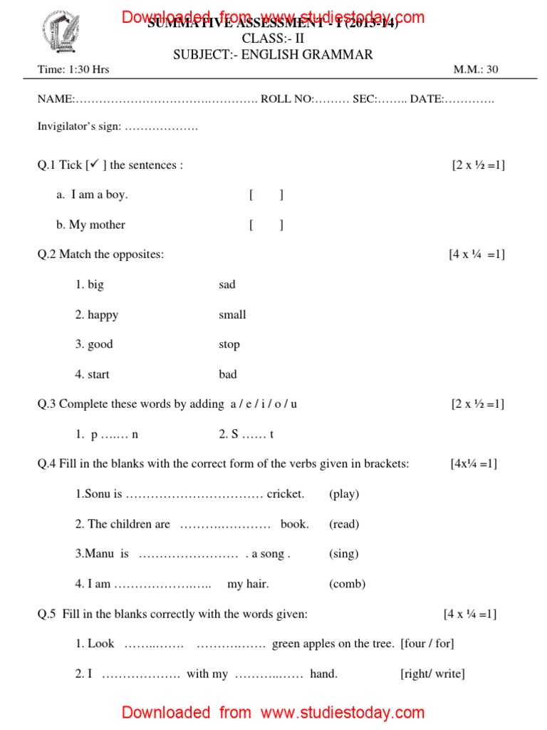 2nd class ka homework english