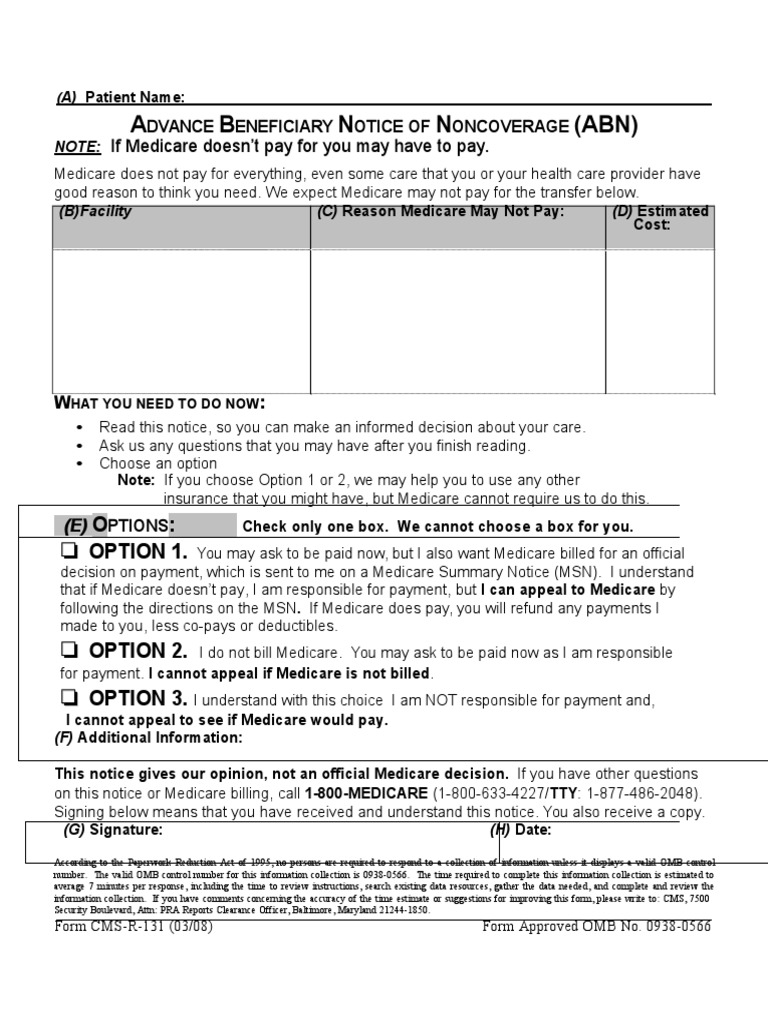 A B N N (ABN) : If Medicare Doesn't Pay For You May Have To Pay | PDF | Law