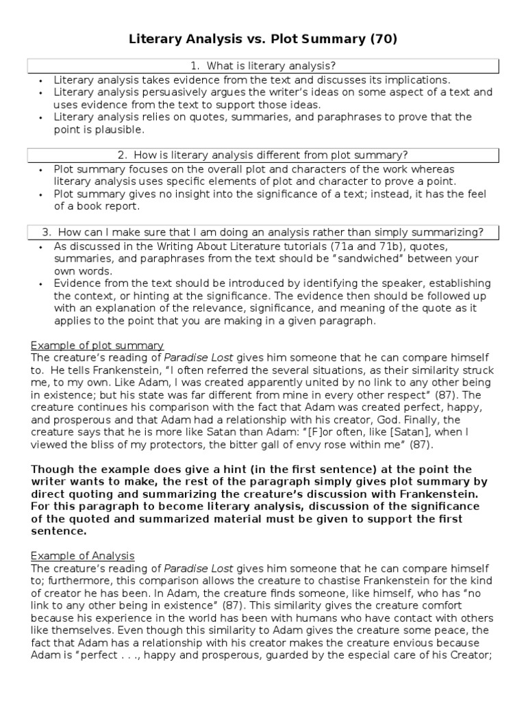 Distinguishing Literary Analysis from Summary | PDF | Frankenstein ...