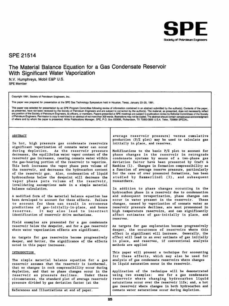 Humphreys.The Material Balance Equation For A Gas Condensate Reservoir