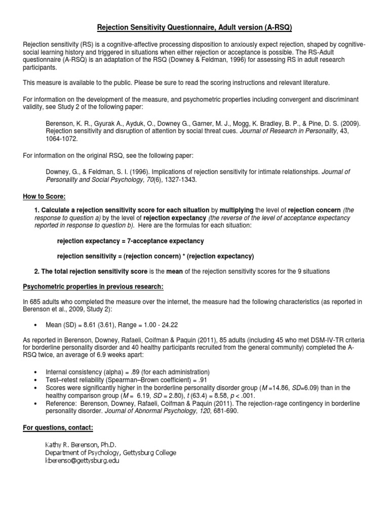 Rejection Sensitivity Questionnaire - Adult Version (a-RSQ) | PDF ...